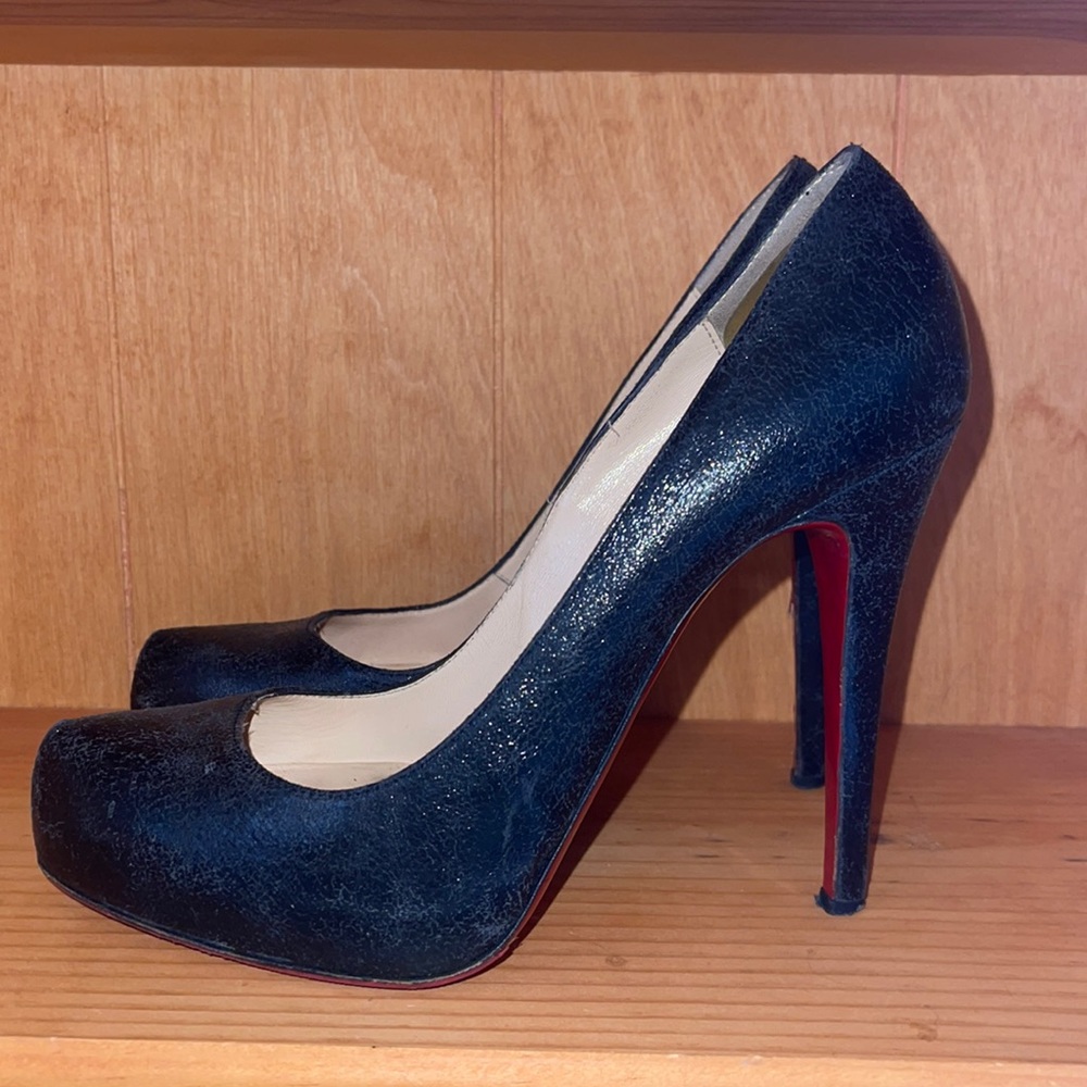 Christian Louboutin Black Textured Leather Red Bottom High Heel Platform Pumps